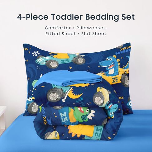 Wake In Cloud - Dinosaur Toddler Bedding Set for Boys, Colorful Dino Race Car, 4 Pieces Soft Crib Bed Set Including Comforter, Sheets and Pillowcase, Navy Blue in Saudi Arabia