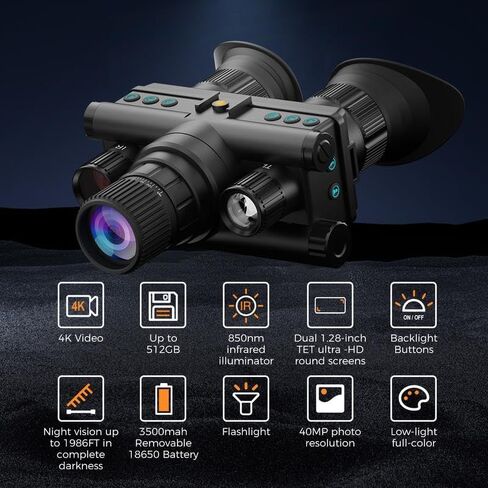 Night Vision Binoculars, 4K 40MP, 8X Digital Zoom, IP54 Waterproof, 3000mAh Battery, IR Night Vision with OLED Display for Hunting, Surveillance, Camping in Saudi Arabia
