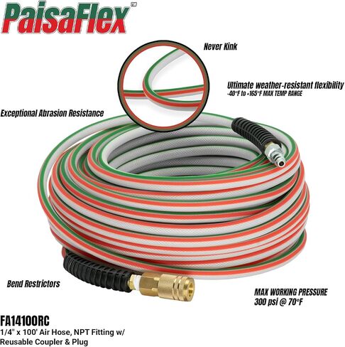 PaisaFlex خرطوم هواء بوليمر هجين ممتاز مقاس 1/4 بوصة × 100 قدم - 300 رطل لكل بوصة مربعة، خفيف الوزن، مرن، متين، لا ينعقد أبدًا، مناسب لجميع الأحوال الجوية، خرطوم ضاغط هواء عالي التحمل مع تركيبات نحاسية ومقيدات للانحناء in Saudi Arabia