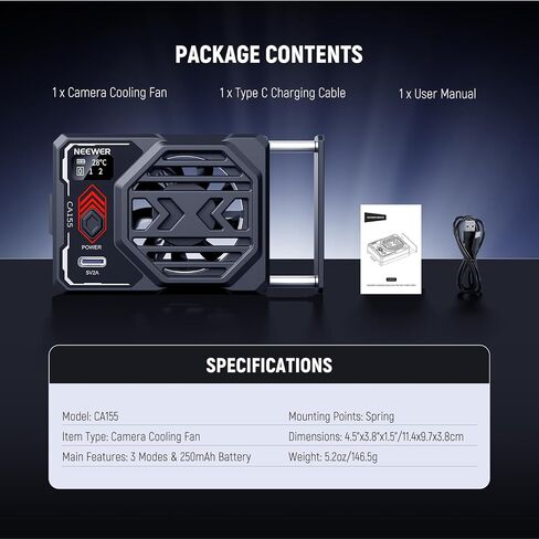 NEEWER Basics Camera Cooling Fan with Battery, Spring Loaded External Cooler Type C PD Fast Charging & Real Time Display, Compatible with Sony ZV-E1 A6700 Canon R6 Mark II Fujifilm XS20 Nikon, CA155 in Saudi Arabia