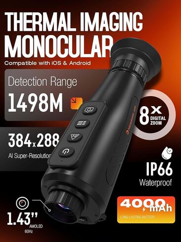 H3 Thermal Vision Monocular, 384 x 288 AISR 256 x 192(50Hz) 12µm IR Resolution,15mm Focal Lens, Hot Spot Tracking/MIC, 8× Digital Zoom, Video Recording, WiFi, IP66 Waterproof and 10+h Battery Life in Saudi Arabia