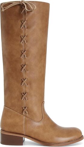 Knee High Boots Women Round Toe Chunky Low Heel Comfortable Long Boots Pull On Side Laces Stylish Tall Boots for Fall Winter in Saudi Arabia