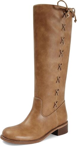 Knee High Boots Women Round Toe Chunky Low Heel Comfortable Long Boots Pull On Side Laces Stylish Tall Boots for Fall Winter in Saudi Arabia