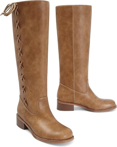 Knee High Boots Women Round Toe Chunky Low Heel Comfortable Long Boots Pull On Side Laces Stylish Tall Boots for Fall Winter in Saudi Arabia