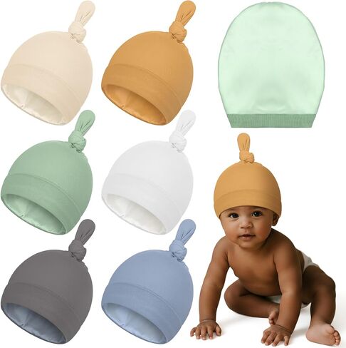 6 Pcs Satin Lined Newborn Hats Bonnet Soft Silk Satin Beanie Baby Infant Toddler Caps for 0-6 Months Baby Girls Boys in Saudi Arabia