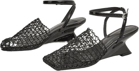 Womens Fishnet Wedge Sandals Closed Suqare Toe Block Heel Breathable Braid Mesh Slingback Pumps With Adjustable Ankle Buckle For Summer Beach Casual Dressy in Saudi Arabia