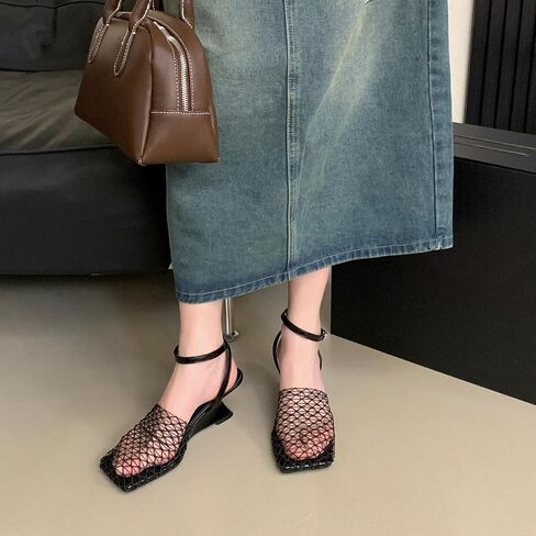 Womens Fishnet Wedge Sandals Closed Suqare Toe Block Heel Breathable Braid Mesh Slingback Pumps With Adjustable Ankle Buckle For Summer Beach Casual Dressy in Saudi Arabia