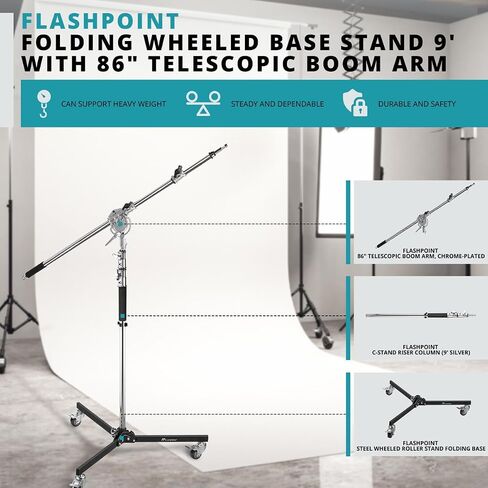 Flashpoint Folding Wheeled Base Stand 9' with 86" Telescopic Boom Arm (Chrome) in Saudi Arabia