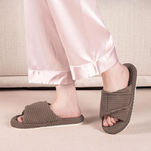 House Slippers for Women Adjustable Indoor Open Toe Memory Foam Corduroy Non-slip Bedroom Shoes in Saudi Arabia