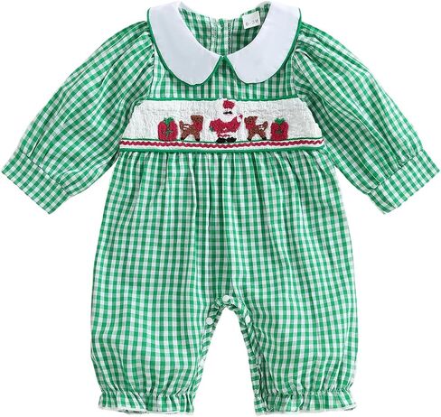 Thorn Tree Newborn Baby Boy Outfit Dinosaur Embroidery Plaid Long Sleeve Romper Fall Infant Smocked Clothes in Saudi Arabia