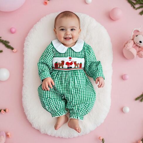 Thorn Tree Newborn Baby Boy Outfit Dinosaur Embroidery Plaid Long Sleeve Romper Fall Infant Smocked Clothes in Saudi Arabia