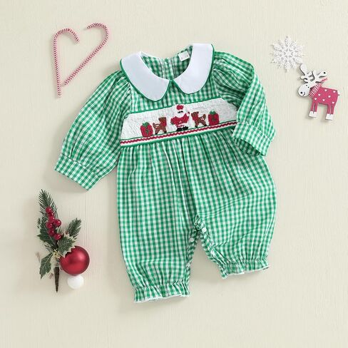 Thorn Tree Newborn Baby Boy Outfit Dinosaur Embroidery Plaid Long Sleeve Romper Fall Infant Smocked Clothes in Saudi Arabia