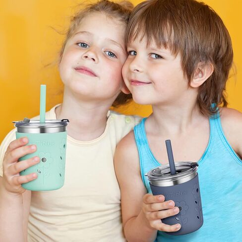 أكواب Tiblue للأطفال والصغار، 4 أكواب من الفولاذ المقاوم للصدأ مقاومة للانسكاب بوزن 8 أونصة مع أغطية مقاومة للتسرب، قش سيليكون مع سدادة وأكمام، كوب شرب عصير للوجبات الخفيفة خالٍ من مادة BPA للأطفال البنات والأولاد in Kuwait