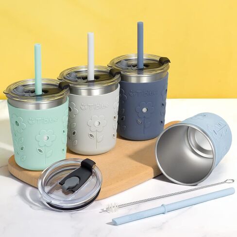 أكواب Tiblue للأطفال والصغار، 4 أكواب من الفولاذ المقاوم للصدأ مقاومة للانسكاب بوزن 8 أونصة مع أغطية مقاومة للتسرب، قش سيليكون مع سدادة وأكمام، كوب شرب عصير للوجبات الخفيفة خالٍ من مادة BPA للأطفال البنات والأولاد in Kuwait