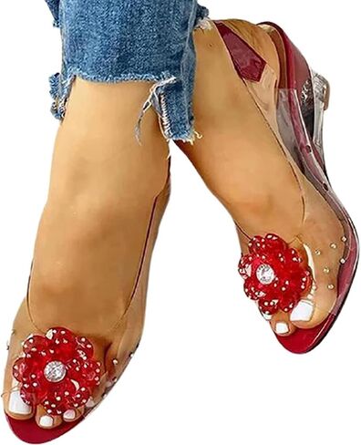 Tophacker Women's Clear Sandals See-Through Rhinestone Wedge Heel Sandals Studded Flower Design Transparent Sandals Lady's Casual Shoes Open Peep Toe Bohemia Dress Shoes in Saudi Arabia