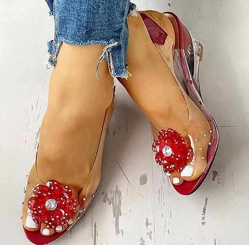 Tophacker Women's Clear Sandals See-Through Rhinestone Wedge Heel Sandals Studded Flower Design Transparent Sandals Lady's Casual Shoes Open Peep Toe Bohemia Dress Shoes in Saudi Arabia