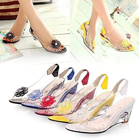 Tophacker Women's Clear Sandals See-Through Rhinestone Wedge Heel Sandals Studded Flower Design Transparent Sandals Lady's Casual Shoes Open Peep Toe Bohemia Dress Shoes in Saudi Arabia