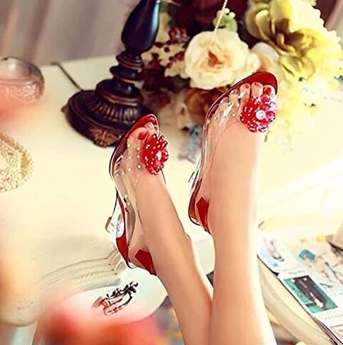 Tophacker Women's Clear Sandals See-Through Rhinestone Wedge Heel Sandals Studded Flower Design Transparent Sandals Lady's Casual Shoes Open Peep Toe Bohemia Dress Shoes in Saudi Arabia