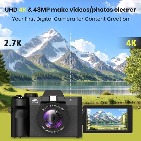 48MP Digital Camera, Black, 4K Video, 3-Inch LED Display, 16X Optical Zoom, Auto Focus, 180° Flip Screen, Vlogging Camera with 32GB SD Card, 2 Batteries in Saudi Arabia