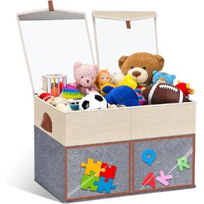 2 Pack Large Toy Storage Box with Clear Lids Collapsible Toys Chest Organizer Bin Basket with Adjustable Dividers for Kids Boys Girls Living Room Nursery Playroom Closet Beige and Grey in Saudi Arabia