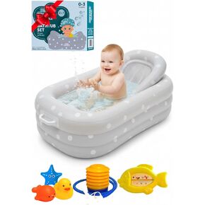 Inflatable Baby Bathtub Complete Set – Portable Non-Slip Baby Bath Tub with Newborn Cushion, Floating Thermometer, 3 Bath Toys & Air Pump, Safe Bath for Boys & Girls Age 0–3 Years in Saudi Arabia