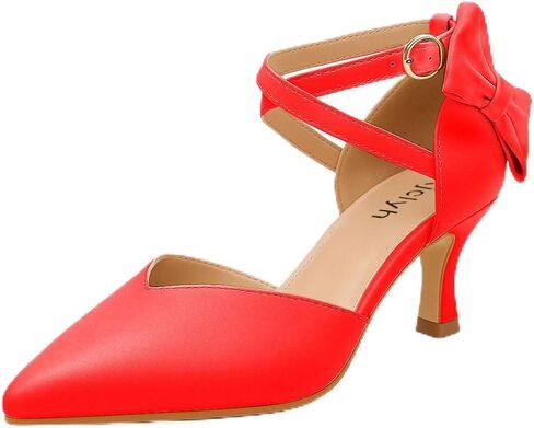 Womens Comfortable Kitten Heel Bow Pumps Pointed Toe Ankle Strap Low Dress Shoes for Wedding Work Party in Saudi Arabia