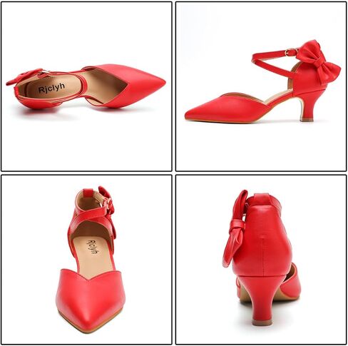 Womens Comfortable Kitten Heel Bow Pumps Pointed Toe Ankle Strap Low Dress Shoes for Wedding Work Party in Saudi Arabia