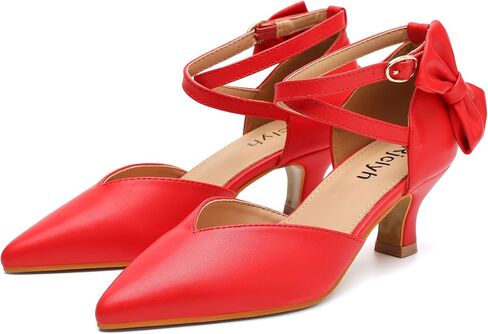 Womens Comfortable Kitten Heel Bow Pumps Pointed Toe Ankle Strap Low Dress Shoes for Wedding Work Party in Saudi Arabia