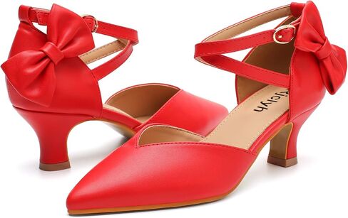 Womens Comfortable Kitten Heel Bow Pumps Pointed Toe Ankle Strap Low Dress Shoes for Wedding Work Party in Saudi Arabia