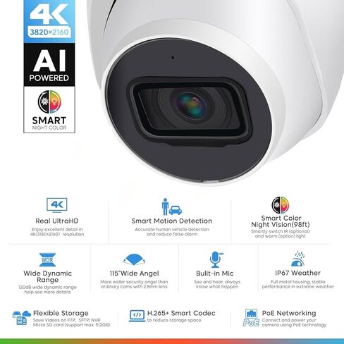 DahuaSecurity 4K 8MP PoE IP Camera, Outdoor Surveillance Dome Camera with Human Vehicle Detection, Home Camera IR Wired Cam with 98ft Night Vision IK10/IP67 (Dome-FB-8MP-a) in Kuwait