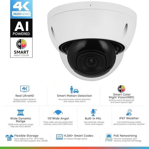 DahuaSecurity 4K 8MP PoE IP Camera, Outdoor Surveillance Dome Camera with Human Vehicle Detection, Home Camera IR Wired Cam with 98ft Night Vision IK10/IP67 (Dome-FB-8MP-a) in Kuwait