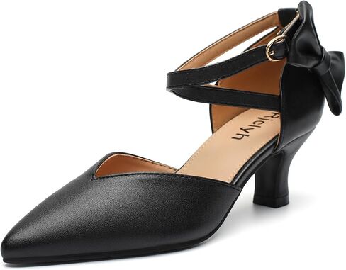 Womens Comfortable Kitten Heel Bow Pumps Pointed Toe Ankle Strap Low Dress Shoes for Wedding Work Party in Saudi Arabia