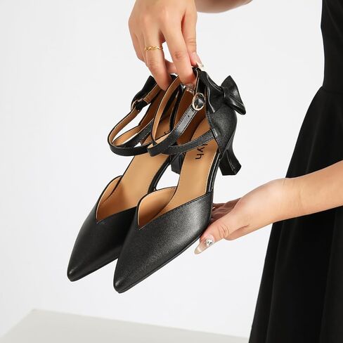 Womens Comfortable Kitten Heel Bow Pumps Pointed Toe Ankle Strap Low Dress Shoes for Wedding Work Party in Saudi Arabia