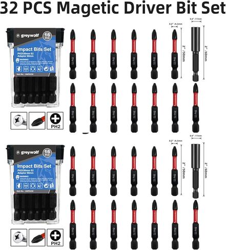 مجموعة لقم مفك فيليبس إمباكت، لقم مفك براغي مقاومة للانزلاق 32 قطعة، ساق سداسية مقاس 2 بوصة 1/4 بوصة، مجموعة لقم مفك براغي S2 فولاذية PH2 مع حامل لقمة مفك الصدمات وحقيبة تخزين in Kuwait
