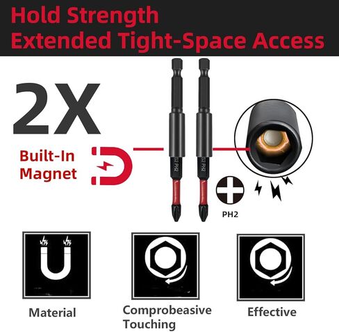 مجموعة لقم مفك فيليبس إمباكت، لقم مفك براغي مقاومة للانزلاق 32 قطعة، ساق سداسية مقاس 2 بوصة 1/4 بوصة، مجموعة لقم مفك براغي S2 فولاذية PH2 مع حامل لقمة مفك الصدمات وحقيبة تخزين in Kuwait