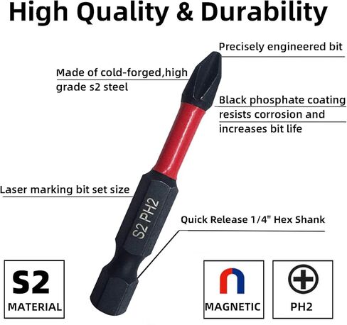 مجموعة لقم مفك فيليبس إمباكت، لقم مفك براغي مقاومة للانزلاق 32 قطعة، ساق سداسية مقاس 2 بوصة 1/4 بوصة، مجموعة لقم مفك براغي S2 فولاذية PH2 مع حامل لقمة مفك الصدمات وحقيبة تخزين in Kuwait