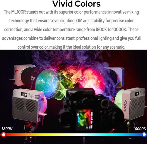 مصباح فيديو Godox ML100R RGB LED مع تحكم بالبلوتوث، 1800K-10000K CCT، ارتفاع 95 CRI/TLCI، 14 وضع FX، طاقة إدخال 110 وات، صغير الحجم وخفيف الوزن لصناعة الأفلام الاحترافية والتصوير الفوتوغرافي ومدونات الفيديو in Saudi Arabia