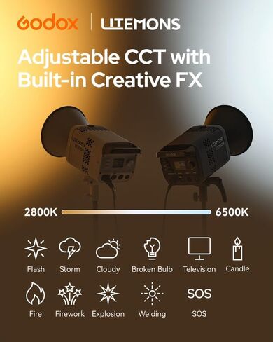 مصباح LED ثنائي اللون من Godox LE300Bi، ضوء GODOX بقدرة 320 وات، جسم معدني بالكامل، CRI/TLCI98+، CCT 2800K-6500K/11 تأثيرات FX/حامل Bowens/مروحة هادئة، تطبيق/DMX/NFC/CRMX للتحكم في الفيديو والبث والاستوديو in Kuwait