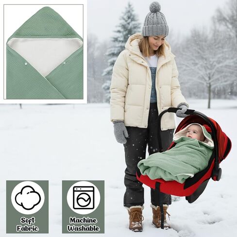 Soft Muslin Cotton Car Seat Blankets for Baby Winter Baby Carseat Swaddle Blanket Car Seat Cover Stroller Bunting Bag with Warm Sherpa Lining for Infant Boys Girls Winter Essential, Sage in Saudi Arabia
