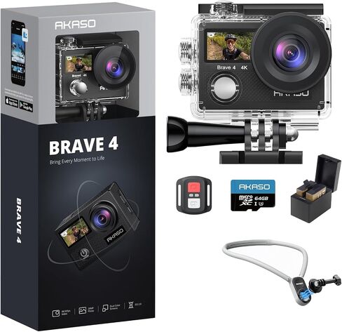 AKASO Brave 4 Action Camera with 64GB SD Card Bundle Magnetic Neck Mount Holder, Vlog Action Camera Accessories Kit in Saudi Arabia