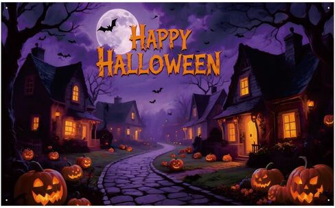 Large Happy Halloween Fabric Banner, Halloween Party Decorations, with Rope, Pumpkins Bats, Orange Fonts for Outdoor or Indoor in Saudi Arabia
