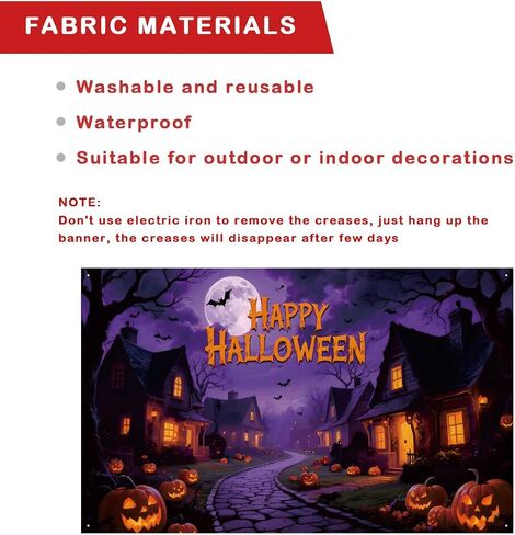 Large Happy Halloween Fabric Banner, Halloween Party Decorations, with Rope, Pumpkins Bats, Orange Fonts for Outdoor or Indoor in Saudi Arabia