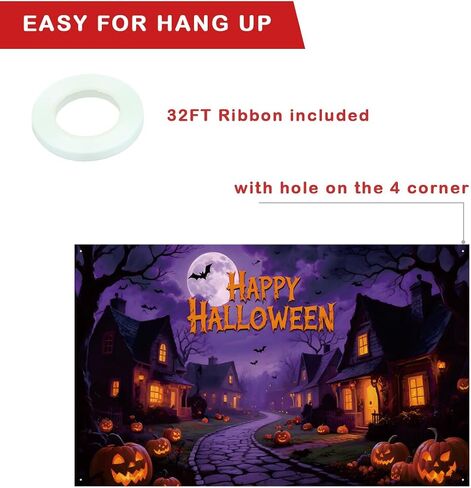 Large Happy Halloween Fabric Banner, Halloween Party Decorations, with Rope, Pumpkins Bats, Orange Fonts for Outdoor or Indoor in Saudi Arabia