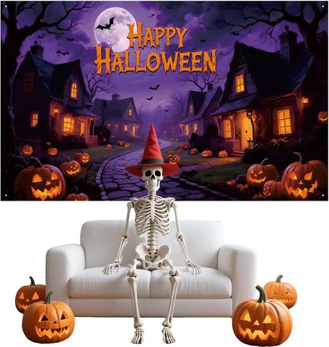 Large Happy Halloween Fabric Banner, Halloween Party Decorations, with Rope, Pumpkins Bats, Orange Fonts for Outdoor or Indoor in Saudi Arabia