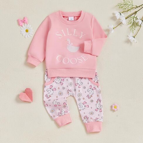 Baby Girl Silly Goose Outfit Sweatshirt Little Geese Flower Jogger Pants Cute 2Pcs Toddler Fall Winter Clothes 0-3Y in Saudi Arabia