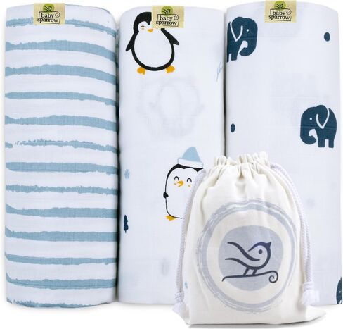 مجموعة من 3 بطانيات قماط من الموسلين من BabySparrow - قماط قطني ناعم وخفيف الوزن وقابل للتنفس لحديثي الولادة، بطانيات استقبال للرضع والبنات والصبية، مقاس 47 × 47 بوصة، أساسيات الحضانة in Saudi Arabia