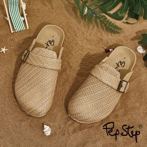 قباقيب الرافية المصنوعة من القش الصناعي من PepStep مع حزام بإبزيم - طراز مريح سهل الارتداء، نعل داخلي من الجلد السويدي، دعم للقوس، جزء سفلي من الفلين in Kuwait