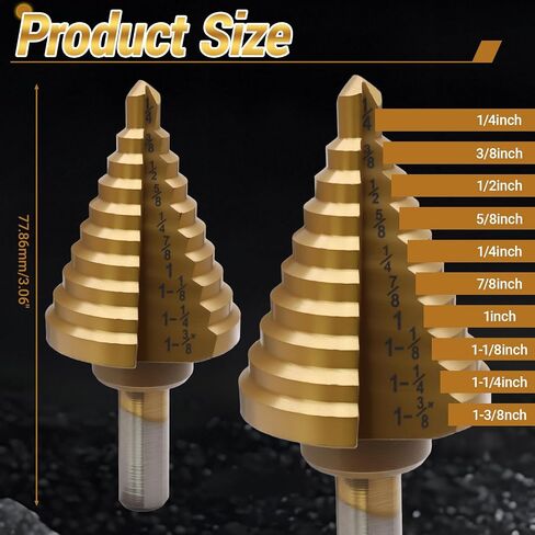 Uenhoy Titanium Step Drill Bit 1/4 إلى 1-3/8 بوصة، 10 أحجام لقم مخروطية للحفر الفولاذية عالية السرعة لقطع الحفر، HSS فتحة متعددة الأحجام صعدت Unibit للصفائح المعدنية والبلاستيكية in Saudi Arabia