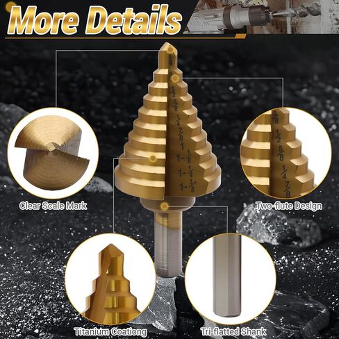 Uenhoy Titanium Step Drill Bit 1/4 إلى 1-3/8 بوصة، 10 أحجام لقم مخروطية للحفر الفولاذية عالية السرعة لقطع الحفر، HSS فتحة متعددة الأحجام صعدت Unibit للصفائح المعدنية والبلاستيكية in Saudi Arabia