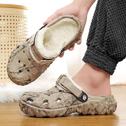 SECHRITE Men's Fur Lined Clogs Winter Fuzzy Slippers Wide Width Slip on Mules with Cushion Footbed Warm House Shoes with Adjustable Back Strap Removable Soft Fleece Lining in Saudi Arabia